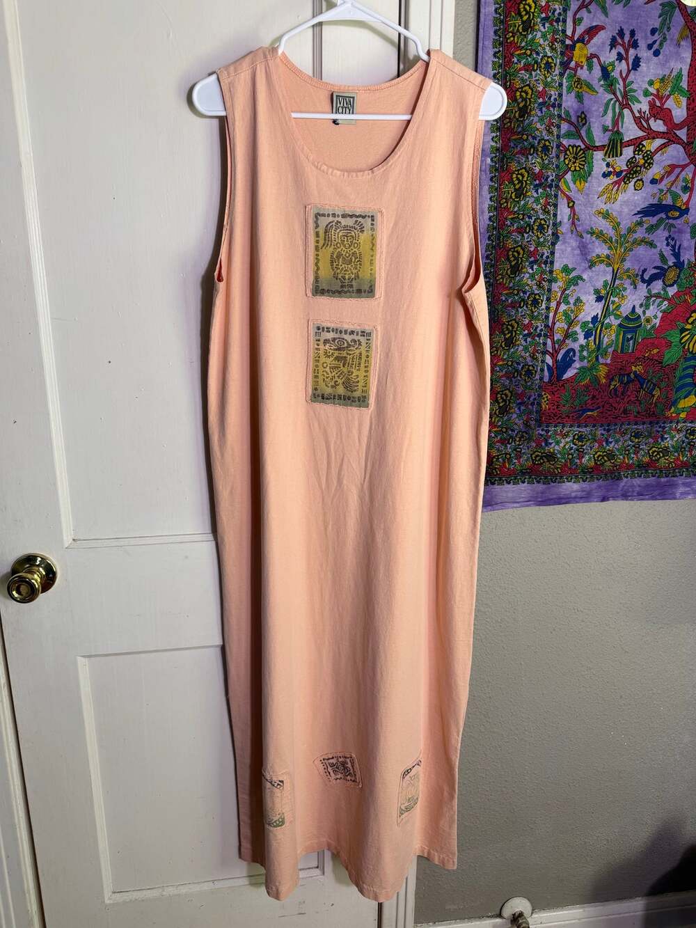 Vintage 90s Viva City Womens Peach Sleeveless Maxi Dress Size M Embroidered